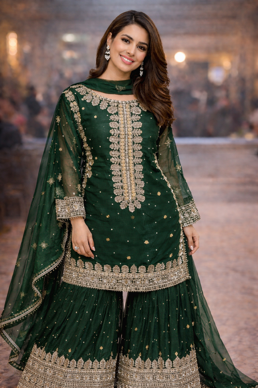 Elegant Black & Green Embroidered Sharara Dress for Women | Party Wear Pakistani Outfit