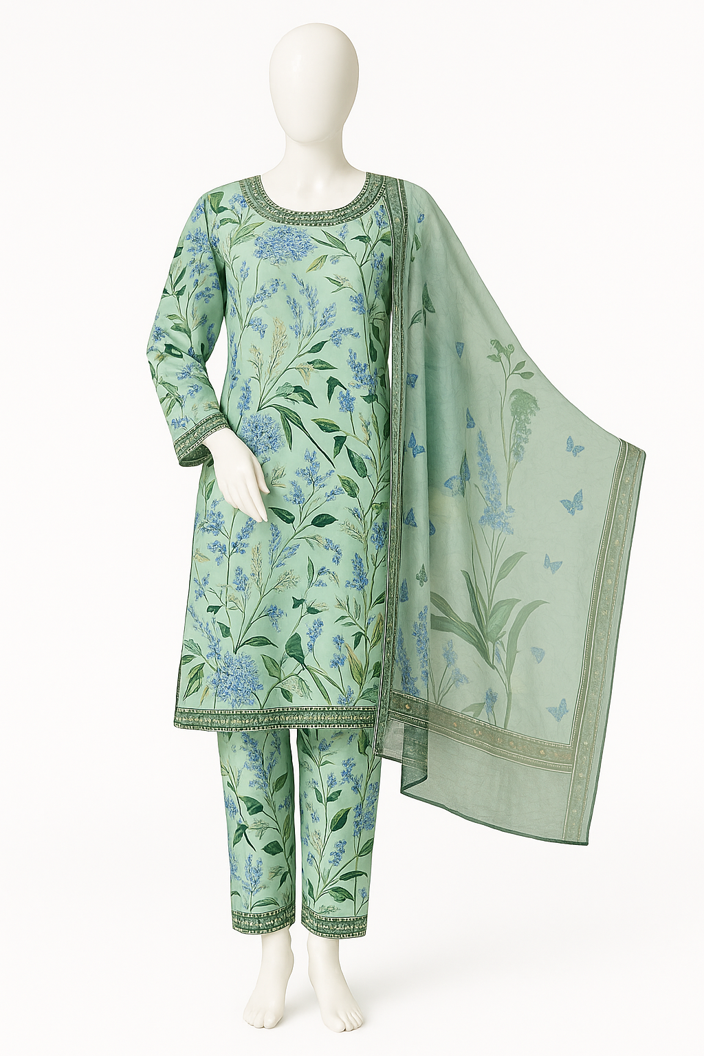 Sage Green Botanical Print 3-Piece Lawn Suit with Chiffon Dupatta – Outlook Fashion