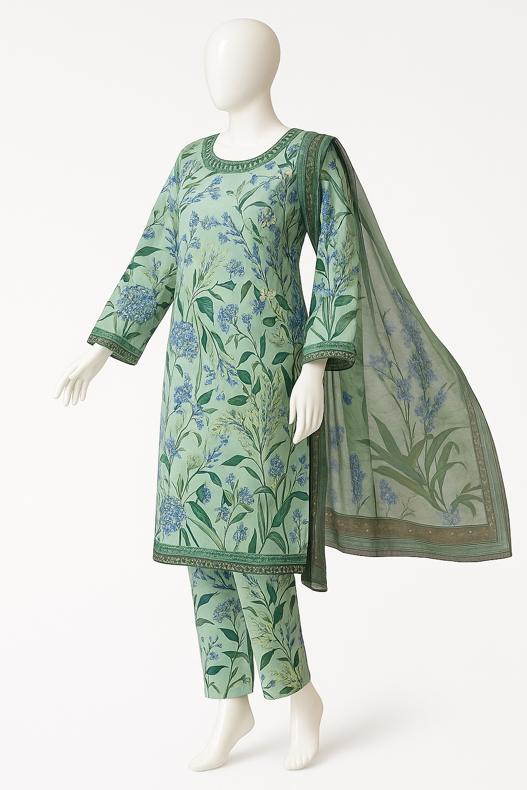 Sage Green Botanical Print 3-Piece Lawn Suit with Chiffon Dupatta – Outlook Fashion