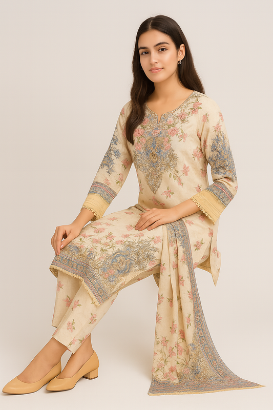 Elegant Pastel Floral Embroidered Lawn Suit