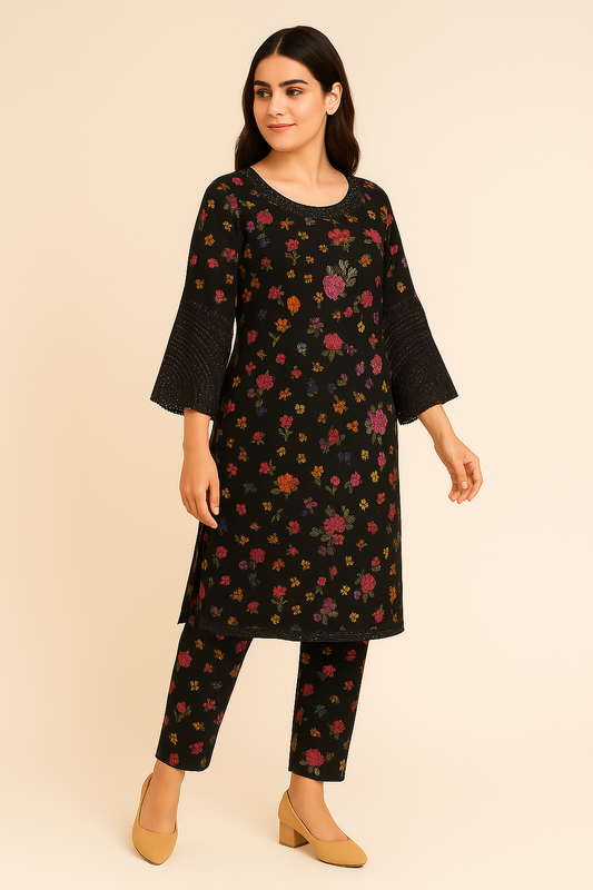 Elegant Black Floral Printed Two-Piece Suit with Embroidered Bell Sleeves
