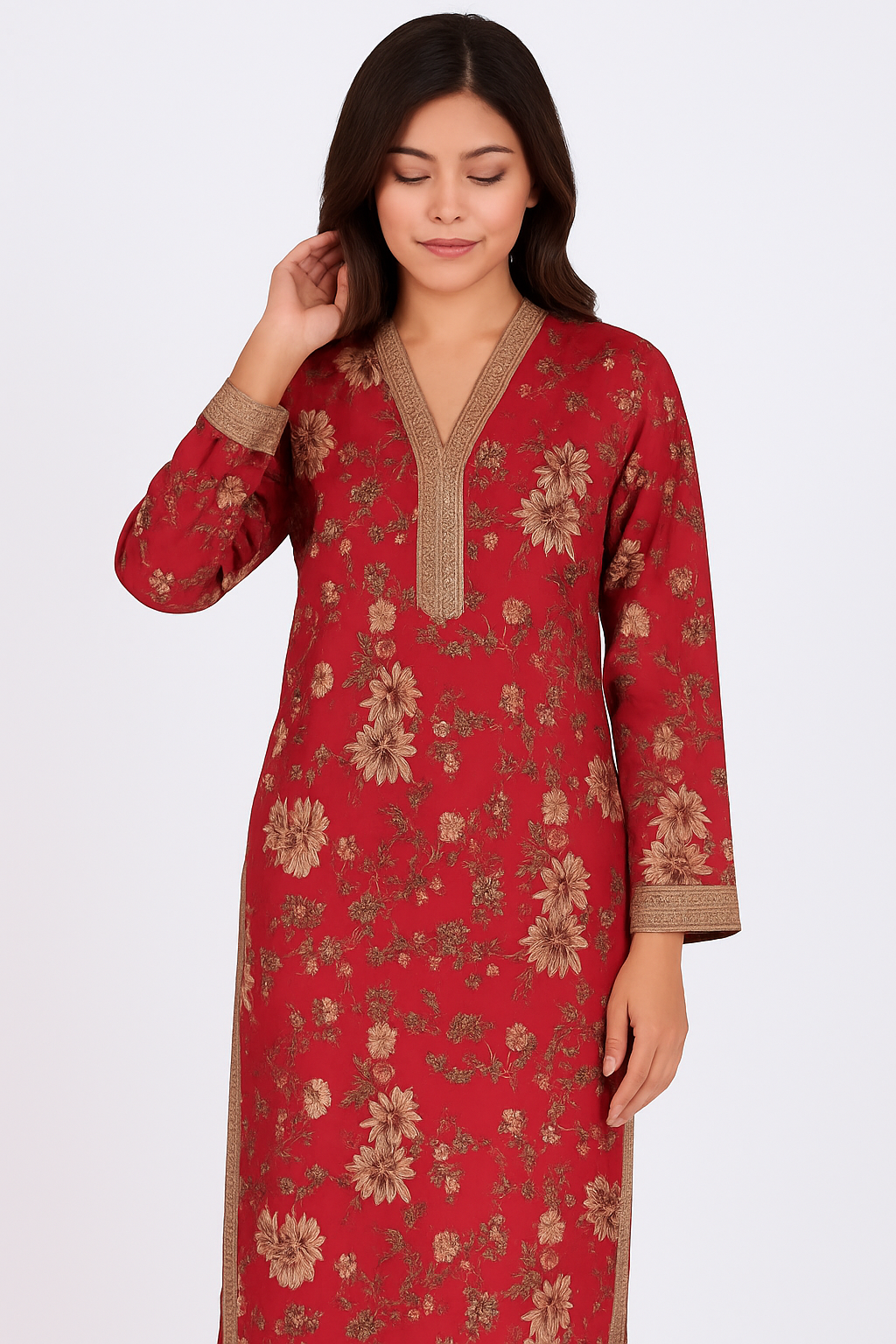 Crimson Bloom Embroidered Khaddar Kurti