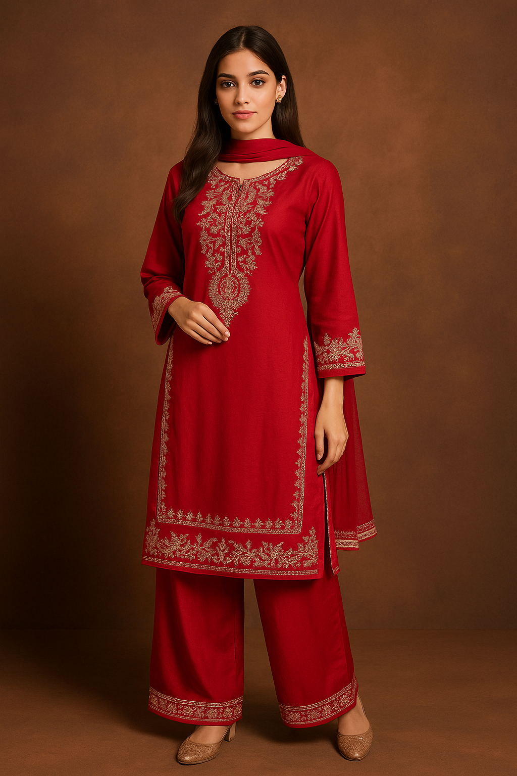 Maroon Embroidered Three-Piece Suit