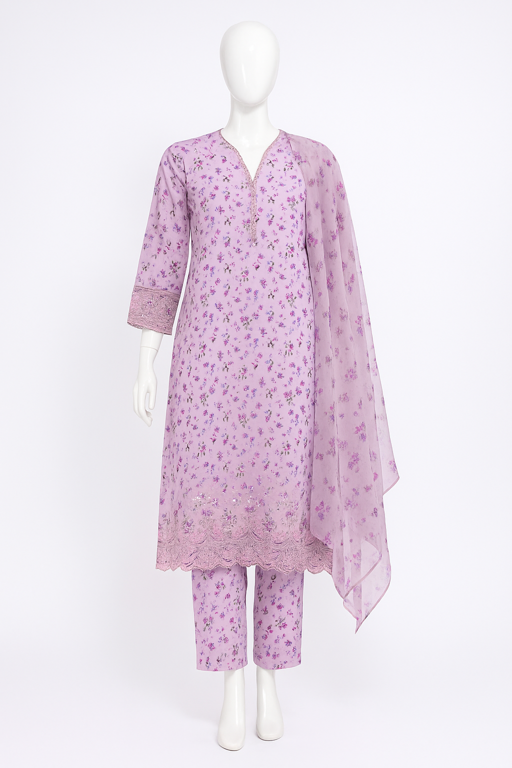 Pastel Lavender Floral Embroidered 3-Piece Suit with Chiffon Dupatta | Summer Festive Collection