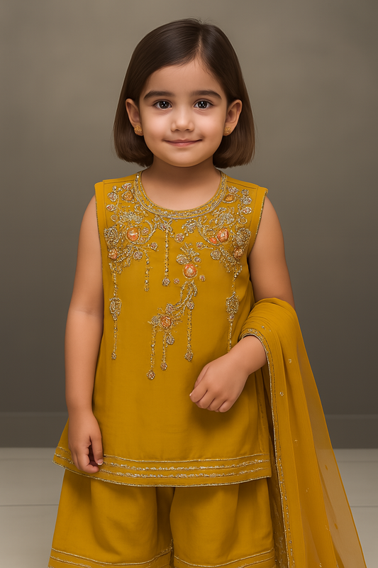 Mustard Yellow farshi shalwar 3-Piece Formal Ensemble for Girls (Ages 1–13 Years)