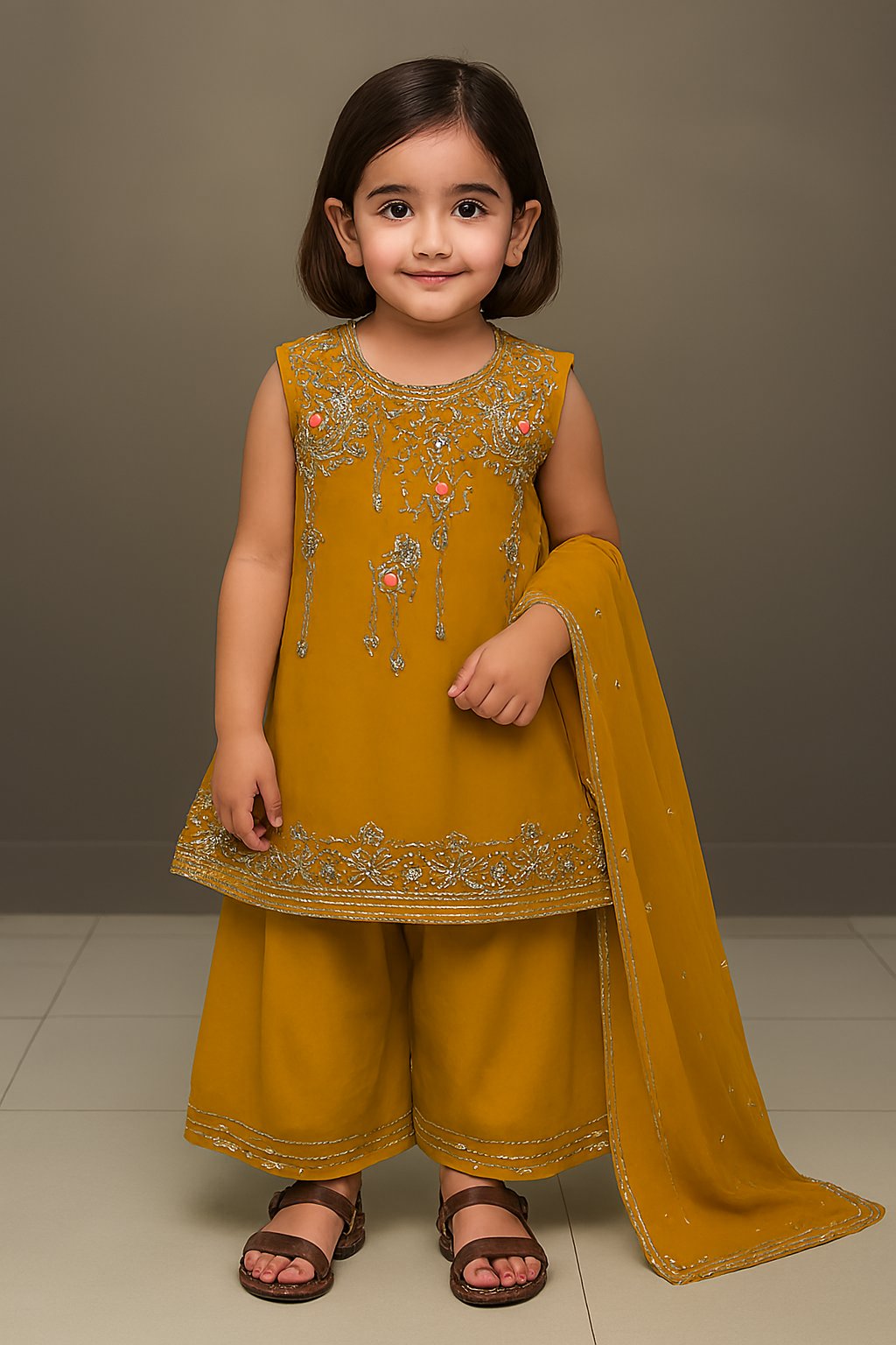 Mustard Yellow farshi shalwar 3-Piece Formal Ensemble for Girls (Ages 1β13 Years)