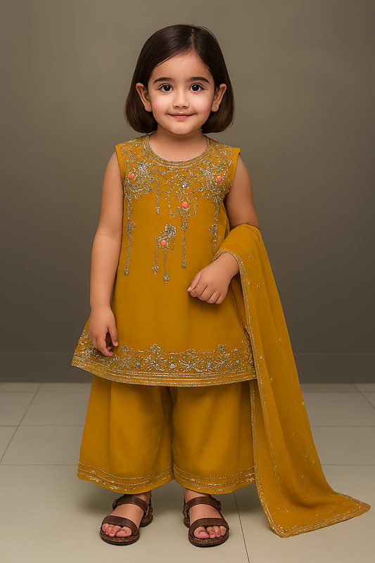 Mustard Yellow farshi shalwar 3-Piece Formal Ensemble for Girls (Ages 1–13 Years)
