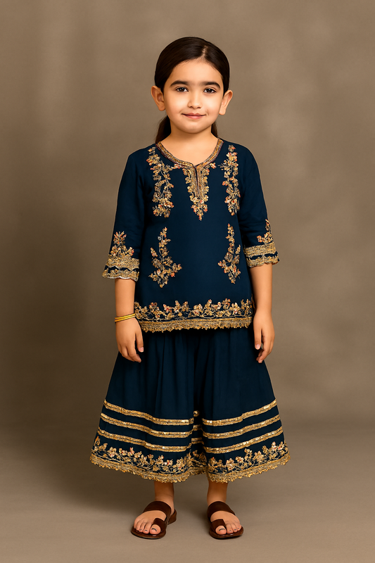 π Navy Blue Floral Embroidered Sharara Set β Kidswear by OutlookFashion