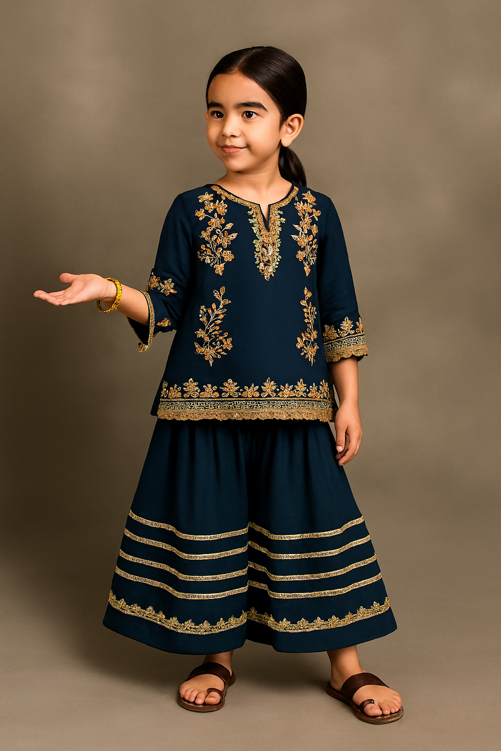 π Navy Blue Floral Embroidered Sharara Set β Kidswear by OutlookFashion