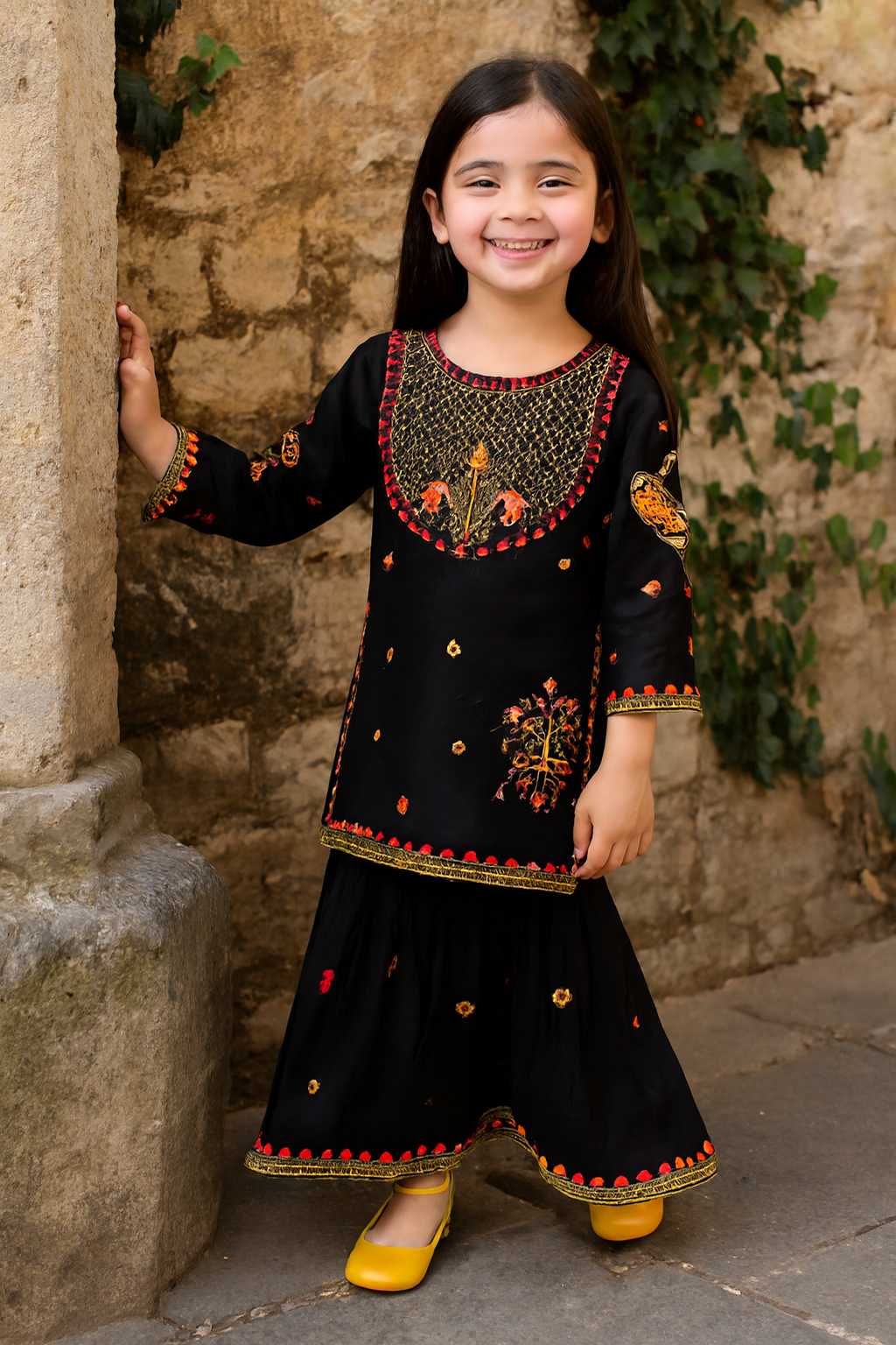 Black Embroidered Kids sharara Set – Traditional South Asian Outfit for Girls