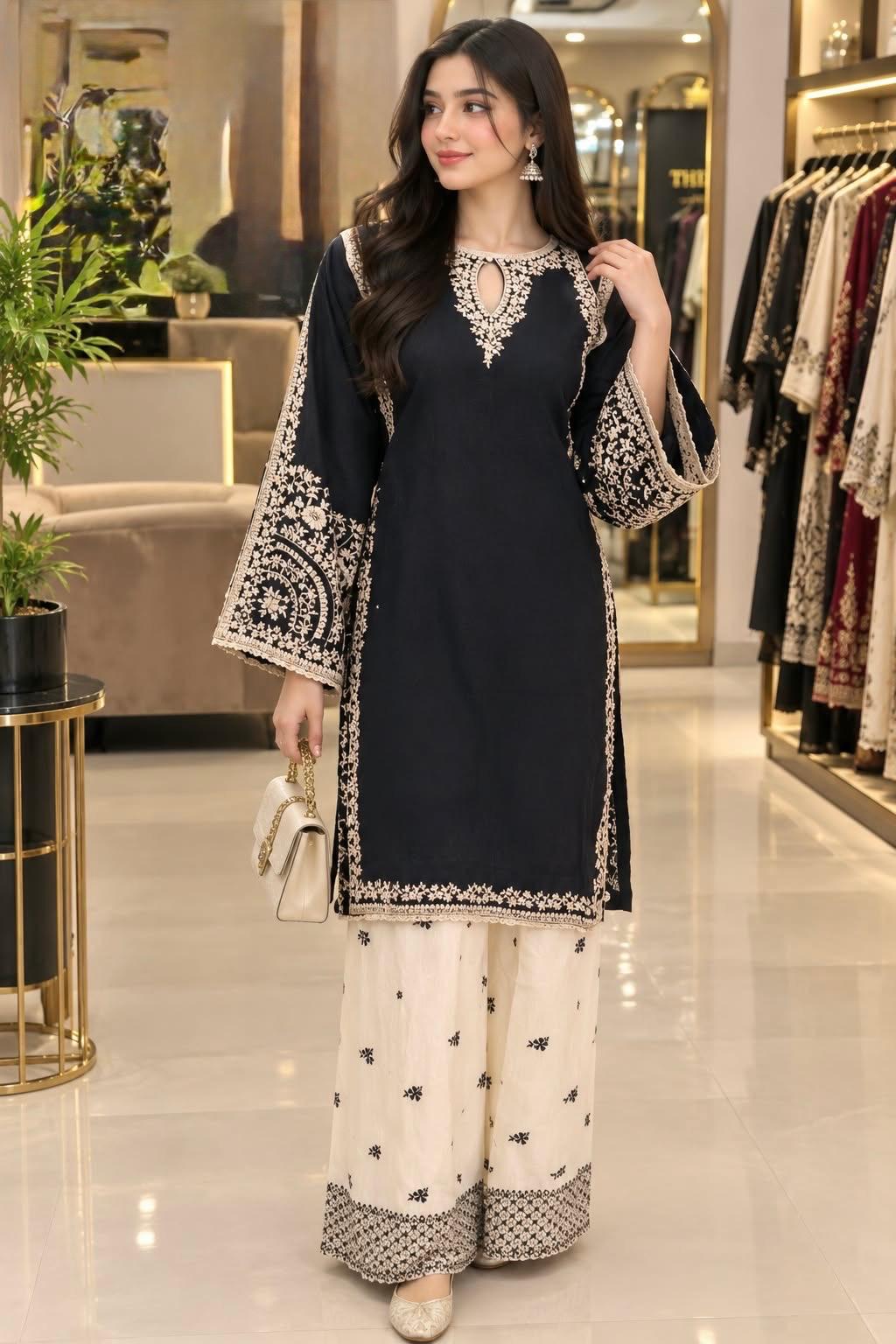 Black Kaftan-Style Kadar Suit – 3-Piece Set