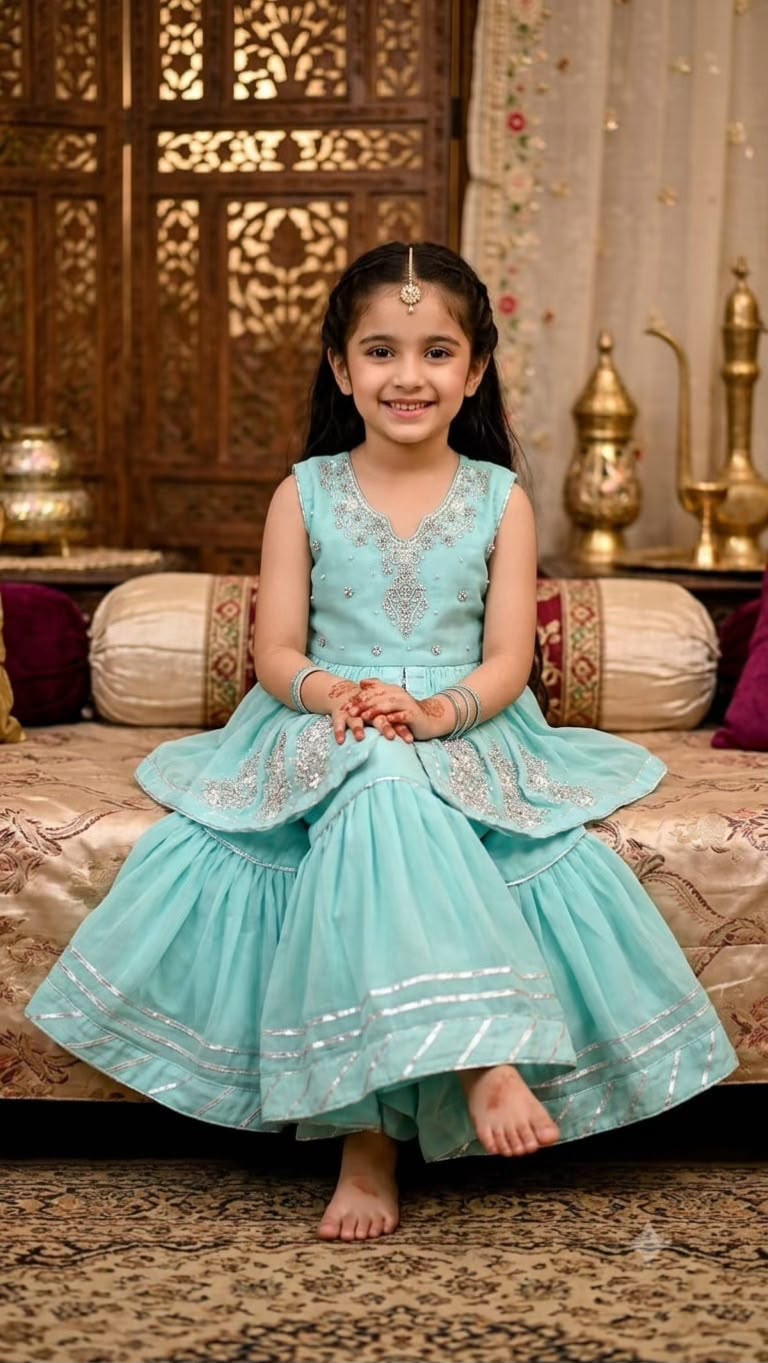 Girls Aqua Embroidered Peplum Sharara Suit – 3-Piece Set