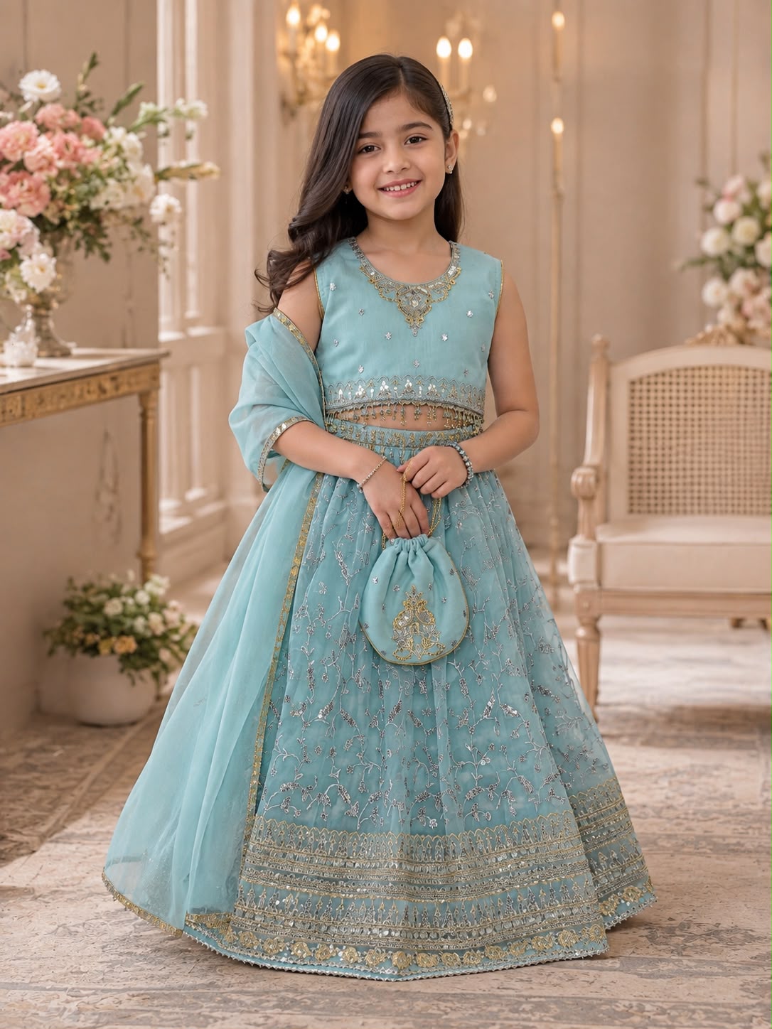 Girls Aqua Chiffon Embroidered Lehenga Set – 3-Piece Set