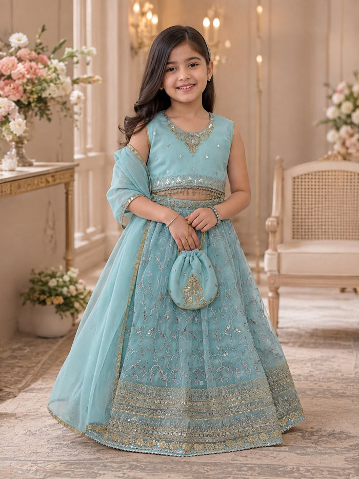 Girls Aqua Chiffon Embroidered Lehenga Set – 3-Piece Set