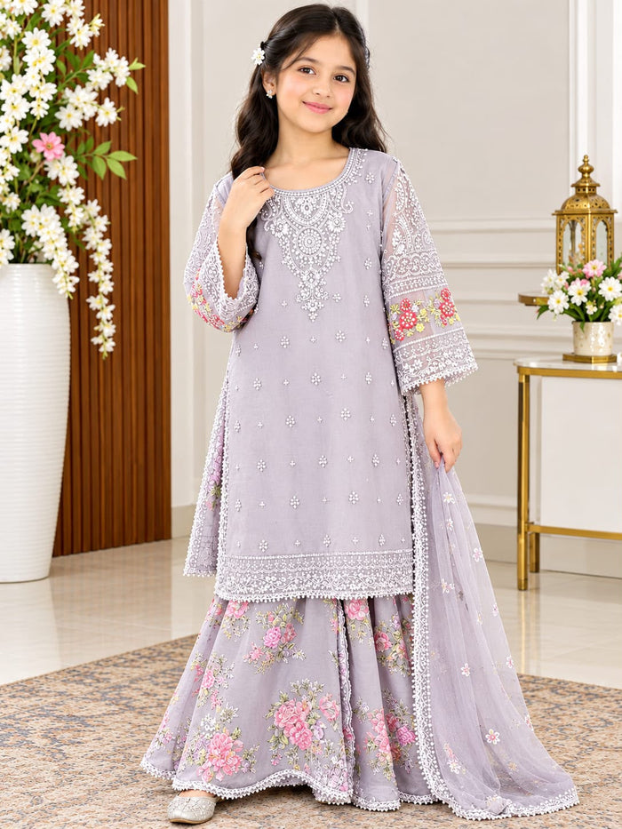 Girls Grey Embroidered Floral Sharara Suit – 3-Piece Set