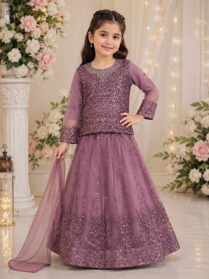 Girls Mauve Net Sequin Lehenga Set – 3-Piece Set