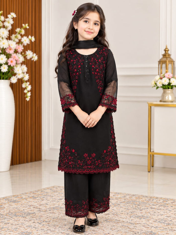 Girls Black and Red Embroidered Palazzo Suit – 3-Piece Set
