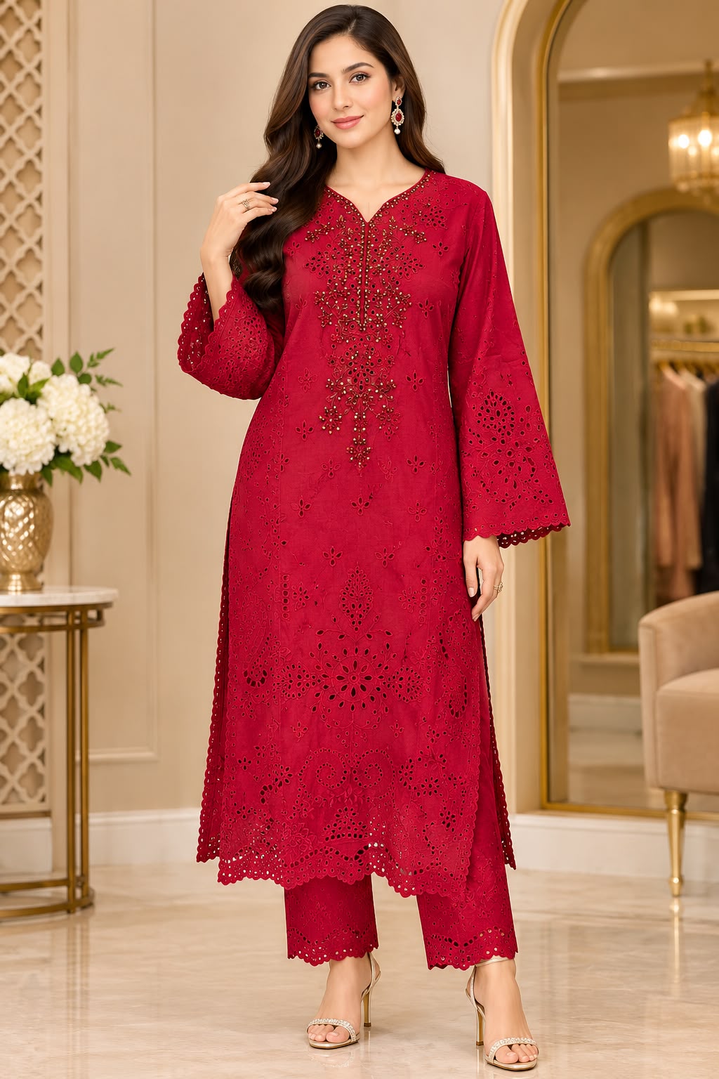 Red Chikankari Kadar Suit – 3-Piece Set