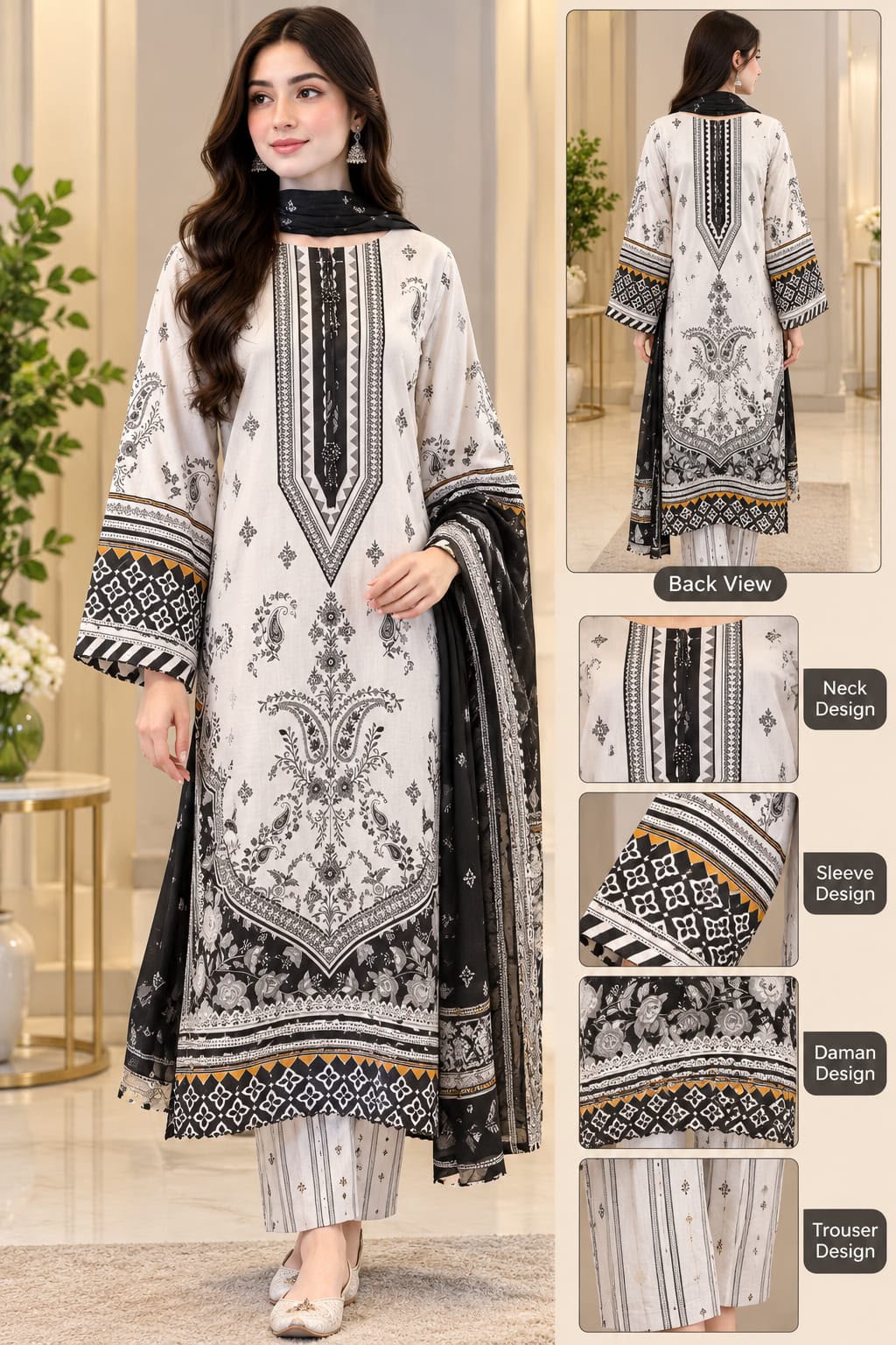 White and Black Printed Kadar Suit – 3-Piece Set