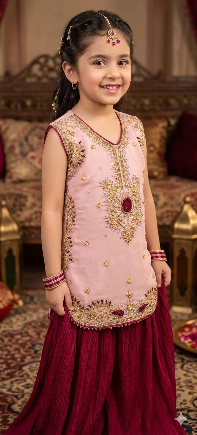 Girls Pink and Maroon Chiffon Embroidered Sharara Suit – 3-Piece Set