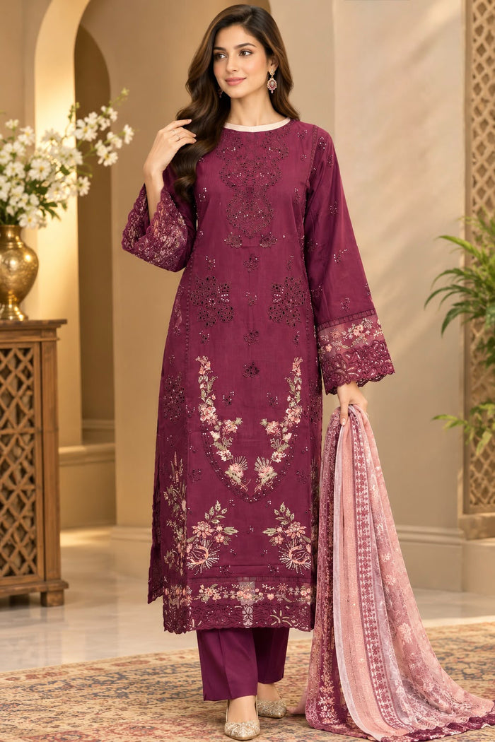 Plum Chikankari Kadar Suit – 3-Piece Set