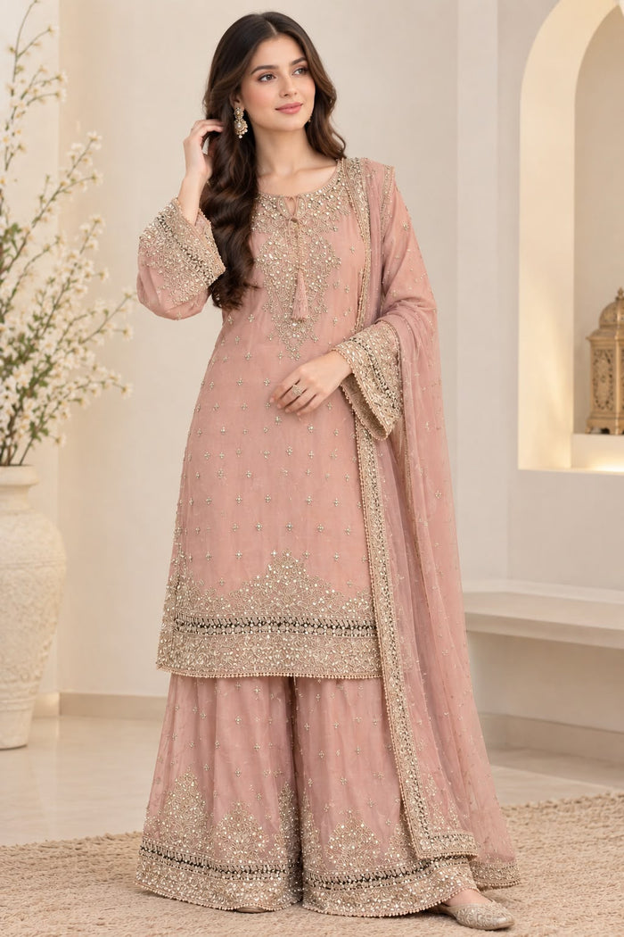 Blush Pink Embroidered Sharara Suit – 3-Piece Set