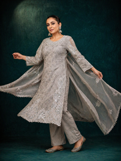 Embroidered 3-Piece Lawn Suit with Organza Dupatta