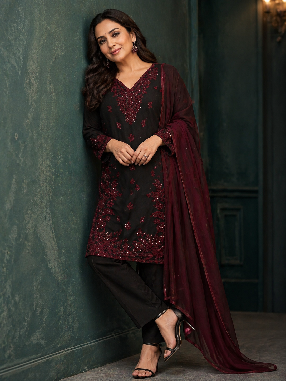 Black Embroidered Kurta Set with Maroon Detailing & Dupatta