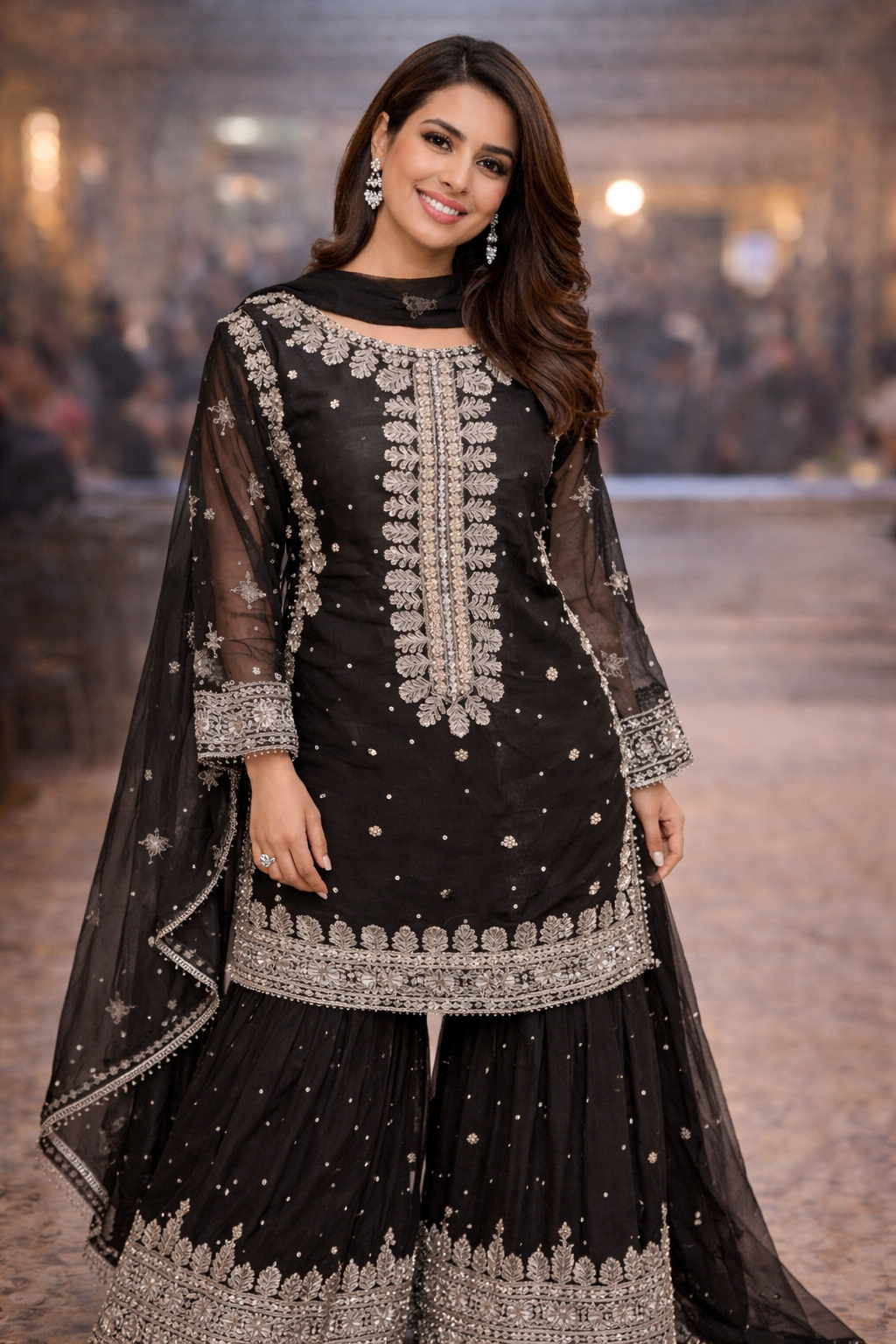 Elegant Black & Green Embroidered Sharara Dress for Women | Party Wear Pakistani Outfit