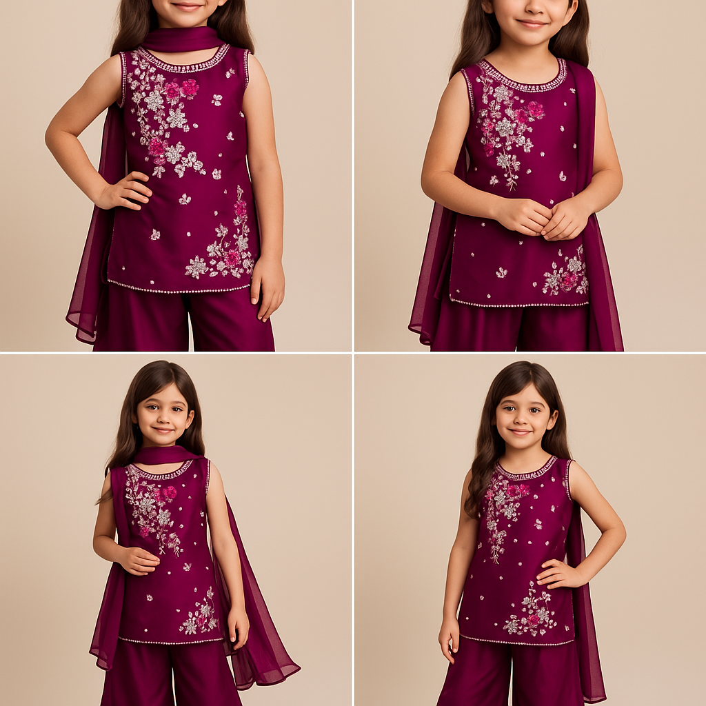 🌸 Maroon Embroidered Kurta Palazzo Set for Girls – Festive & Traditional Wear
