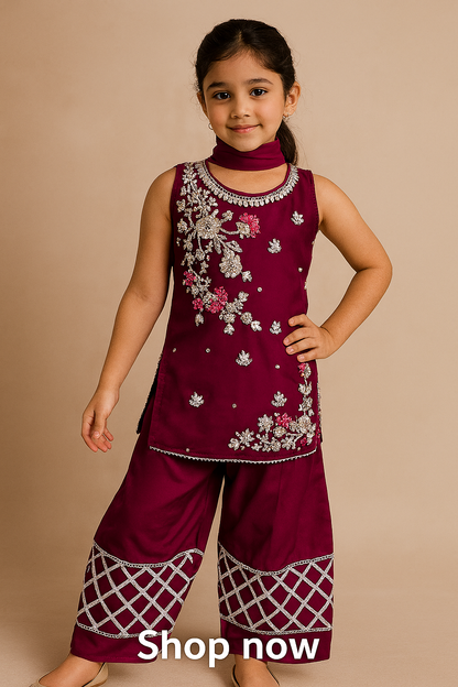 🌸 Maroon Embroidered Kurta Palazzo Set for Girls – Festive & Traditional Wear