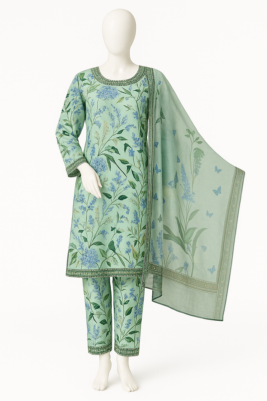 Sage Green Botanical Print 3-Piece Lawn Suit with Chiffon Dupatta – Outlook Fashion