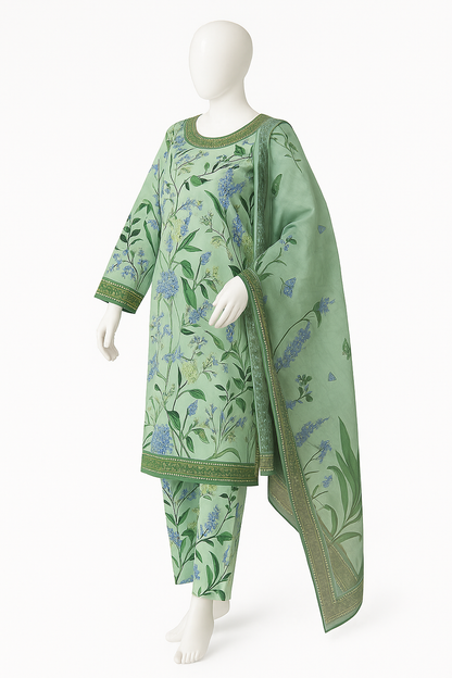 Sage Green Botanical Print 3-Piece Lawn Suit with Chiffon Dupatta – Outlook Fashion