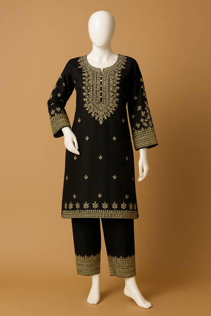 Embroidered 3-Piece Cotton Suit Set – Available in Dusty Mauve, Black & Pink | Outlook Fashion