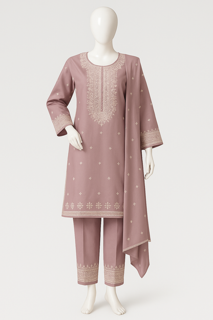 Embroidered 3-Piece Cotton Suit Set – Available in Dusty Mauve, Black & Pink | Outlook Fashion