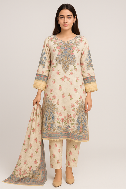 Elegant Pastel Floral Embroidered Lawn Suit