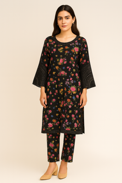 Elegant Black Floral Printed Two-Piece Suit with Embroidered Bell Sleeves
