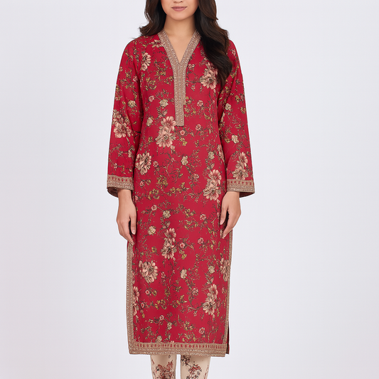 Crimson Bloom Embroidered Khaddar Kurti