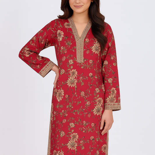 Crimson Bloom Embroidered Khaddar Kurti