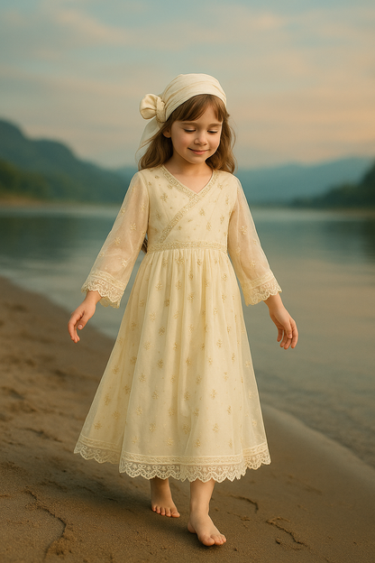 Pastel Cream Embroidered Anarkali Dress for Girls