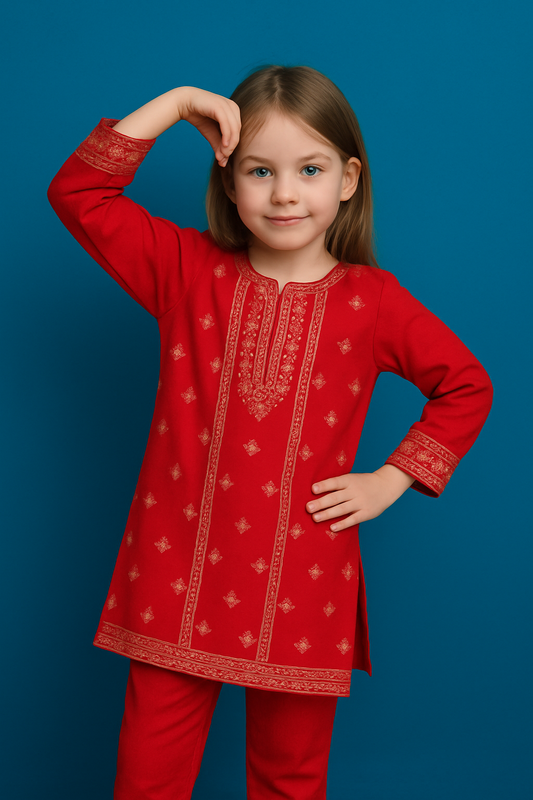 Girls Embroidered 3pc Kurta Set – Traditional Elegance for Kids