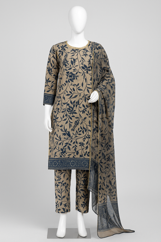 Beige & Navy Blue Embroidered 3-Piece Suit with Chiffon Dupatta | Elegant Cambric Collection