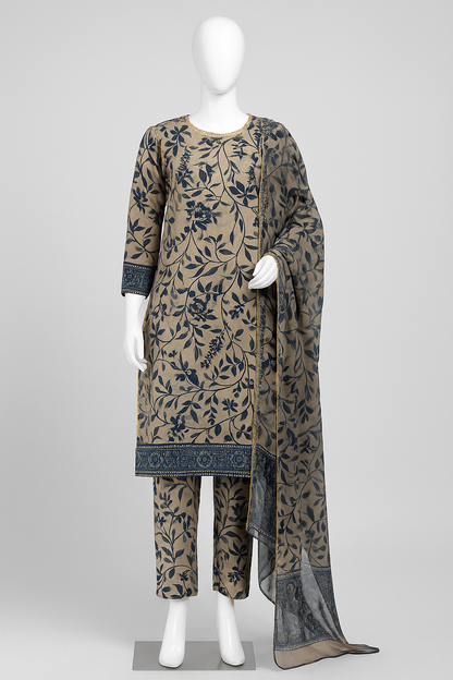 Beige & Navy Blue Embroidered 3-Piece Suit with Chiffon Dupatta | Elegant Cambric Collection