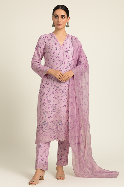 Pastel Lavender Floral Embroidered 3-Piece Suit with Chiffon Dupatta | Summer Festive Collection