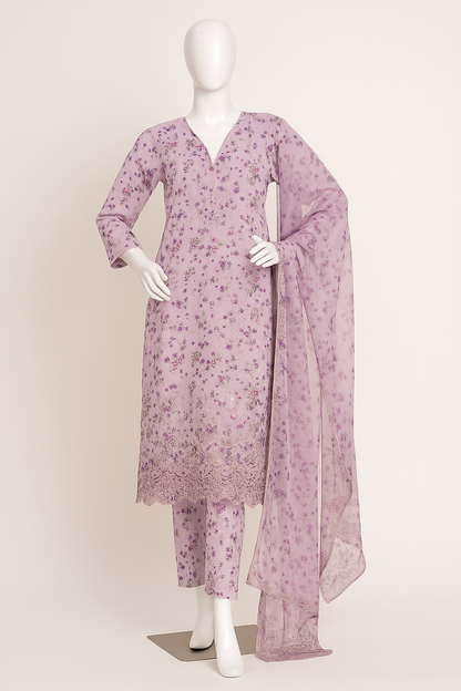 Pastel Lavender Floral Embroidered 3-Piece Suit with Chiffon Dupatta | Summer Festive Collection