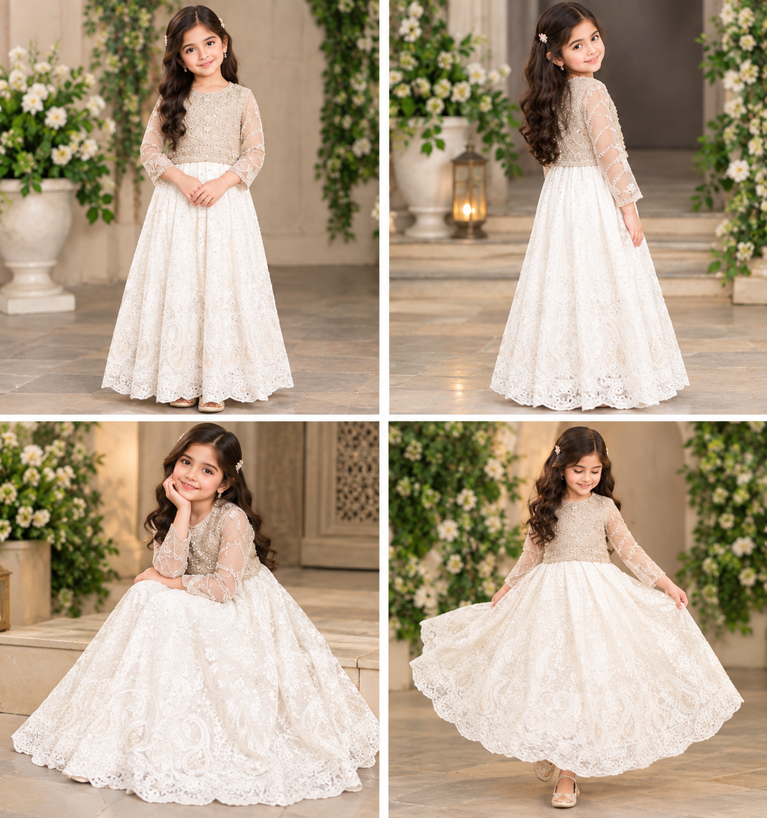Ivory Beige Embroidered Maxi Dress for Girls – Pakistani Party Wear