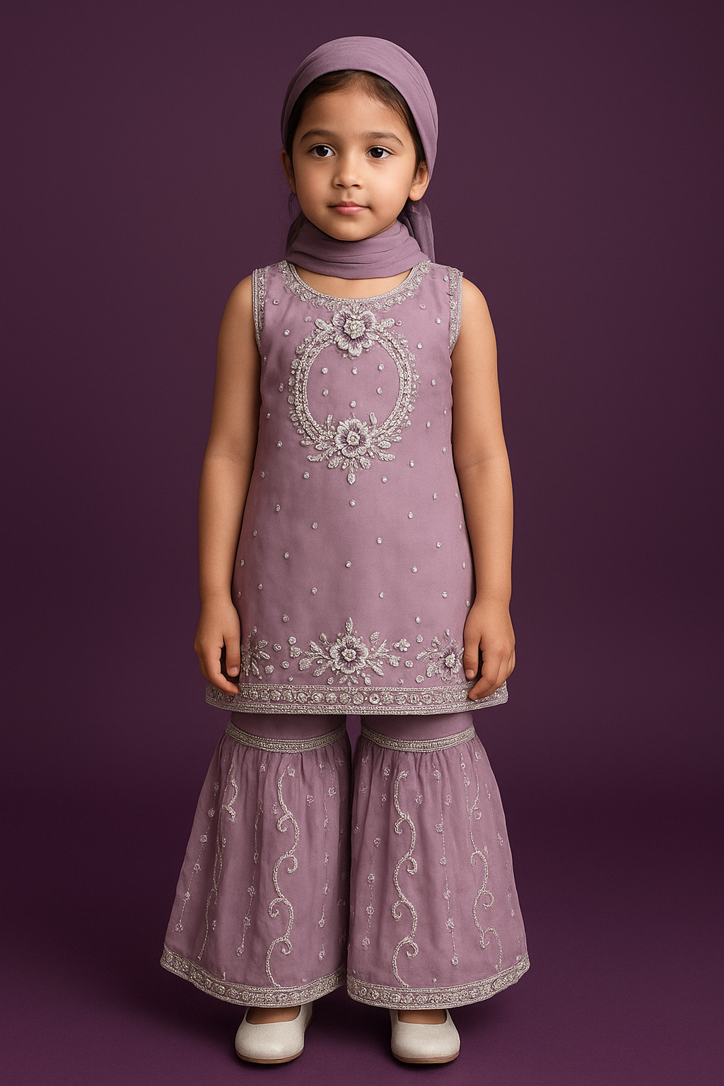 🌙 Lavender Embroidered Sharara Set for Girls – Traditional & Festive Elegance
