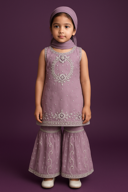 🌙 Lavender Embroidered Sharara Set for Girls – Traditional & Festive Elegance