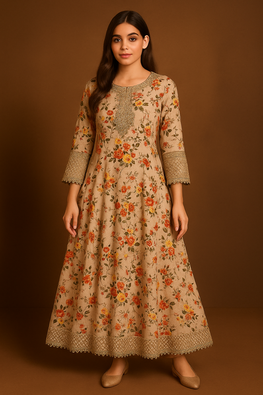 Vintage Floral Embroidered Maxi Dress – Beige Gold Edition
