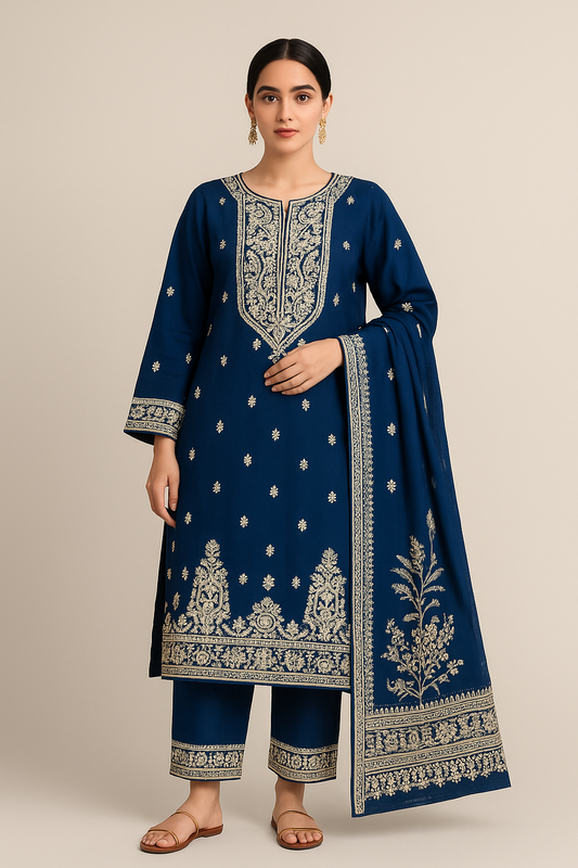Royal Blue Embroidered Kaddar Dress for Women | Winter Luxury Pret Collection by OutlookFashion